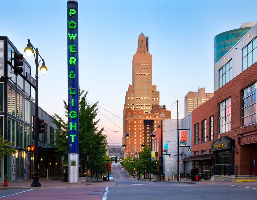 Power and Light District sign in Kasnas City, MO