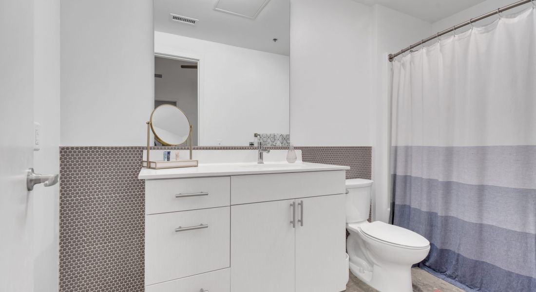 West Bottoms Flats apartment bathroom with white cabinets and grey penny round tile